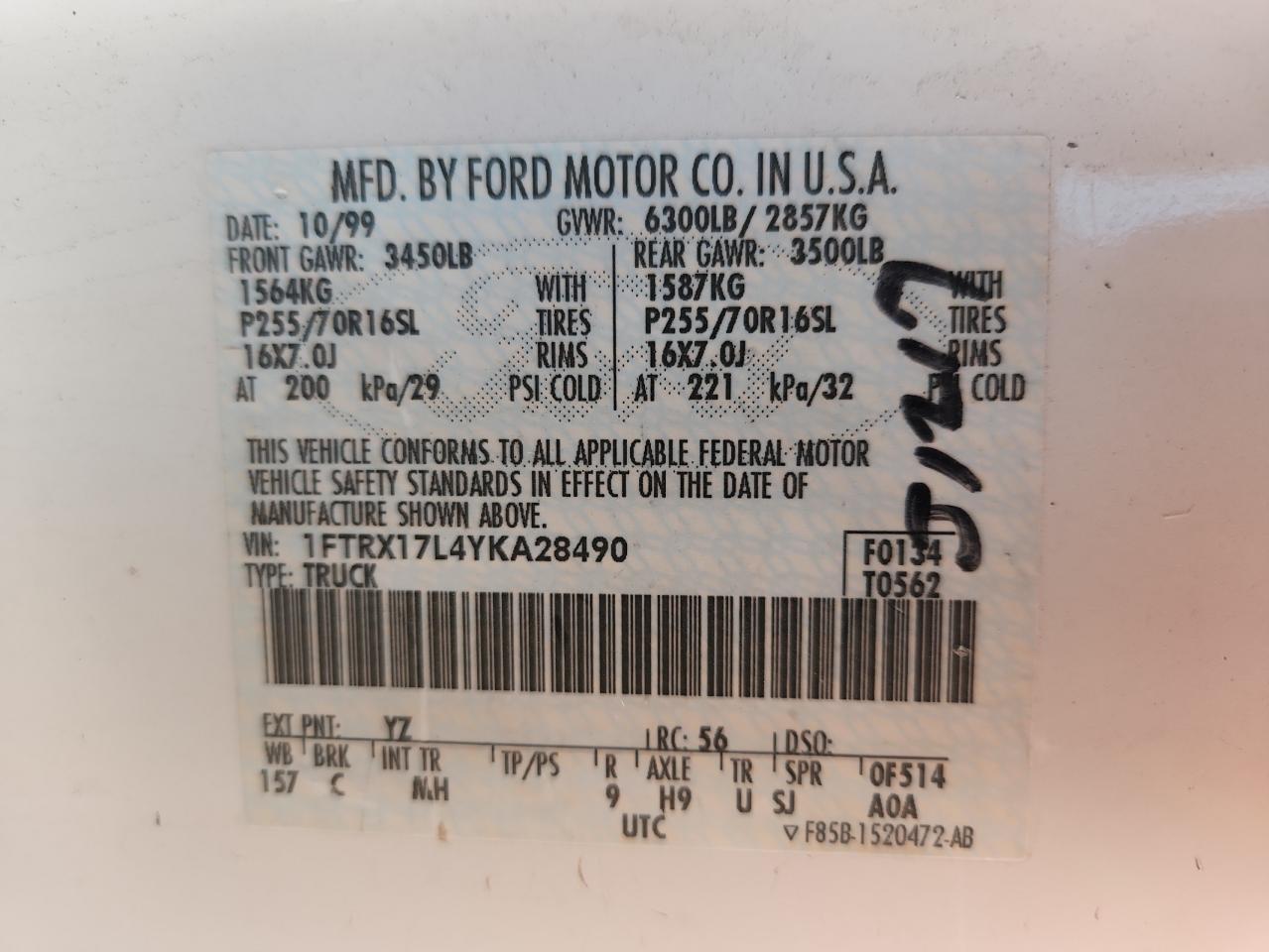 2000 Ford F150 VIN: 1FTRX17L4YKA28490 Lot: 83839995