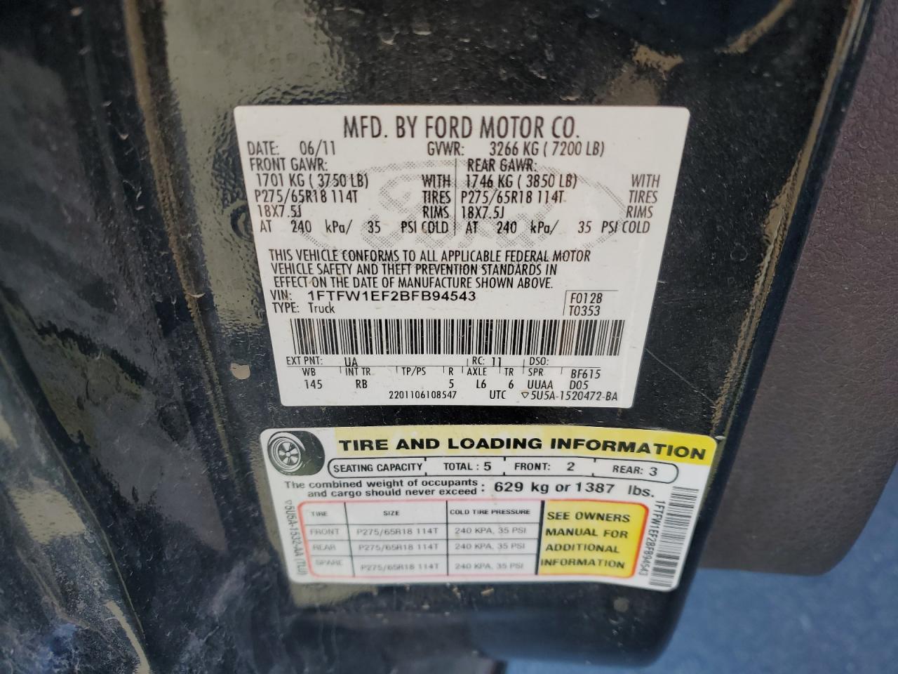 2011 Ford F150 Supercrew VIN: 1FTFW1EF2BFB94543 Lot: 81956495