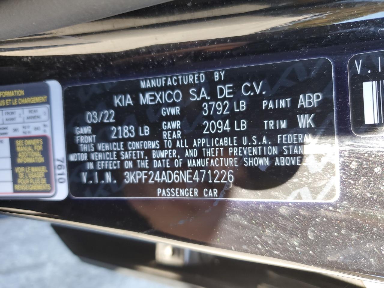 2022 Kia Forte Fe VIN: 3KPF24AD6NE471226 Lot: 82759335