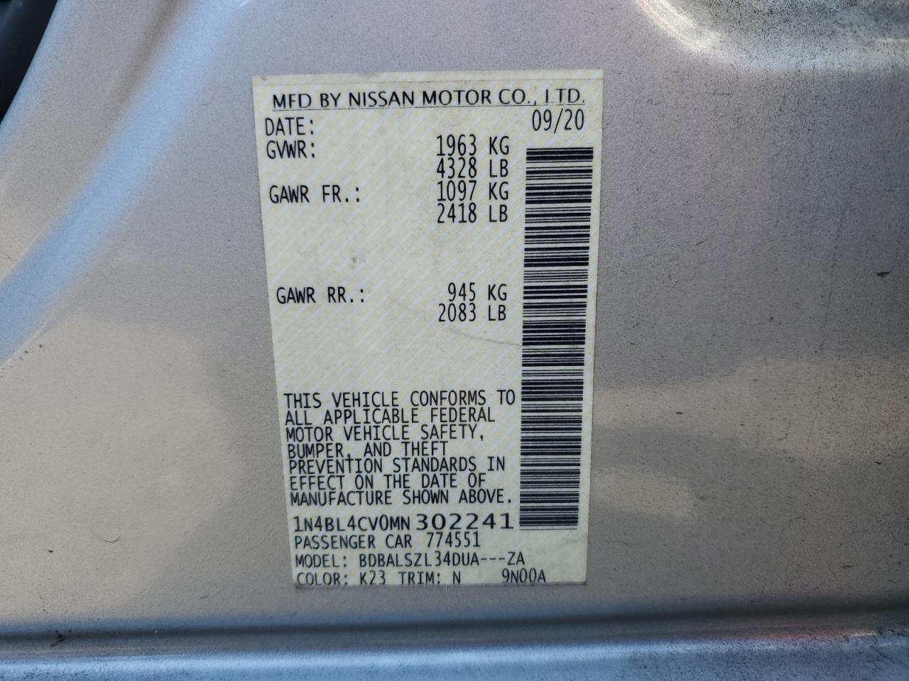 2021 Nissan Altima Sr VIN: 1N4BL4CV0MN302241 Lot: 85343335