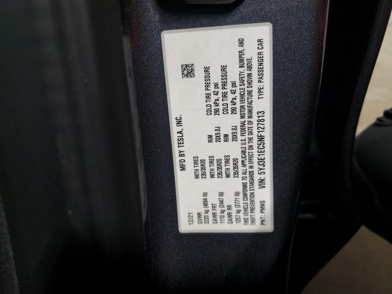 2022 Tesla Model 3 VIN: 5YJ3E1EC5NF127813 Lot: 89512935