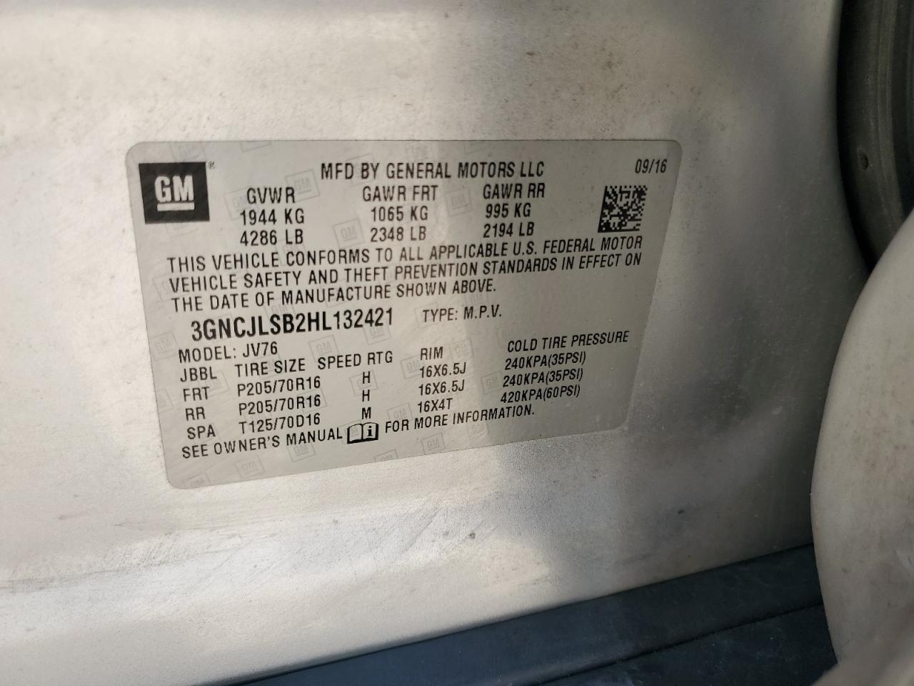 2017 Chevrolet Trax 1Lt VIN: 3GNCJLSB2HL132421 Lot: 90224905