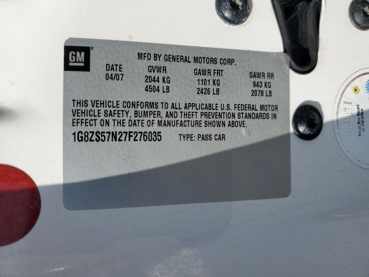 2007 Saturn Aura Xe VIN: 1G8ZS57N27F276035 Lot: 81961595
