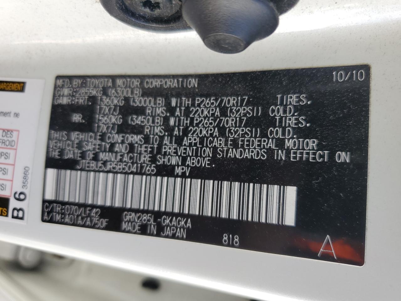 2011 Toyota 4Runner Sr5 VIN: JTEBU5JR5B5041765 Lot: 85169805