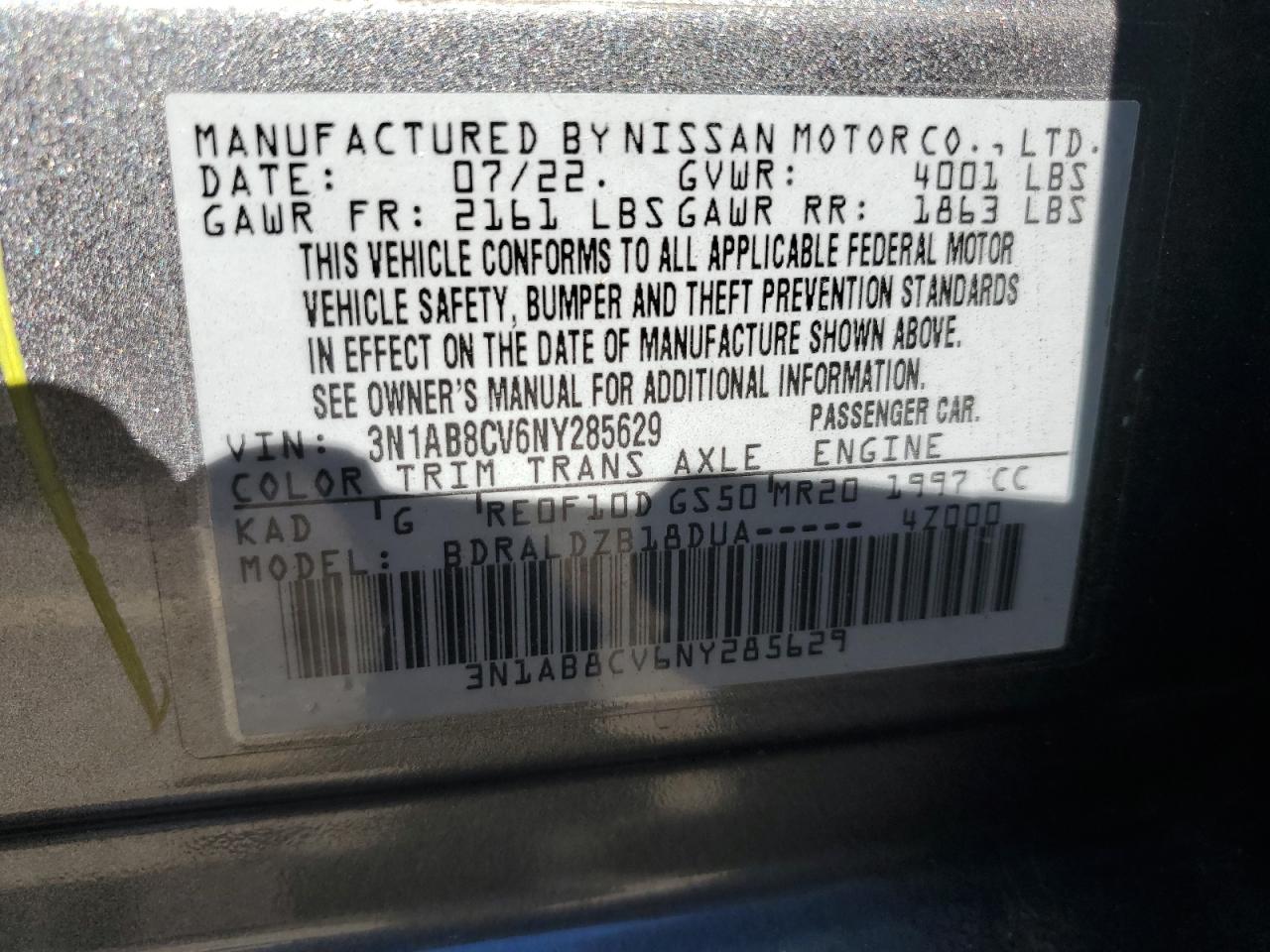 2022 Nissan Sentra Sv VIN: 3N1AB8CV6NY285629 Lot: 85835685