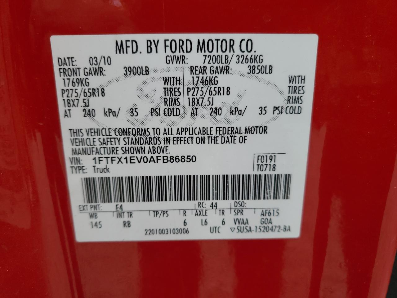 2010 Ford F150 Super Cab VIN: 1FTFX1EV0AFB86850 Lot: 89731515