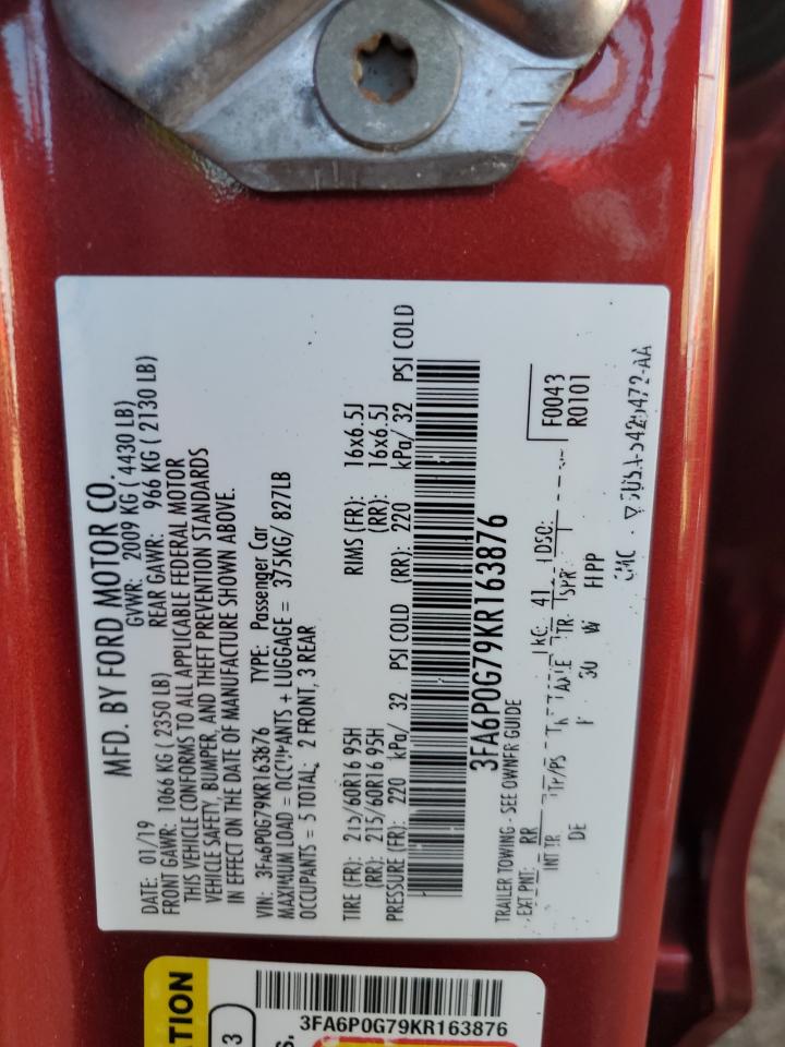 2019 Ford Fusion S VIN: 3FA6P0G79KR163876 Lot: 82457385