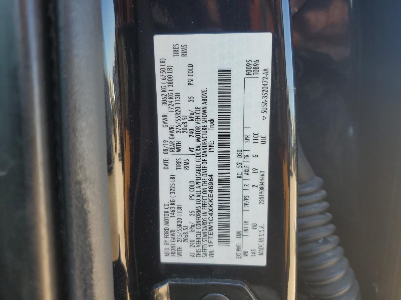 2019 Ford F150 Supercrew VIN: 1FTEW1C4XKKE46964 Lot: 90834095