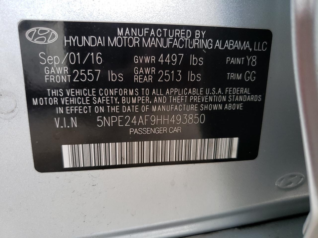 2017 Hyundai Sonata Se VIN: 5NPE24AF9HH493850 Lot: 70459905