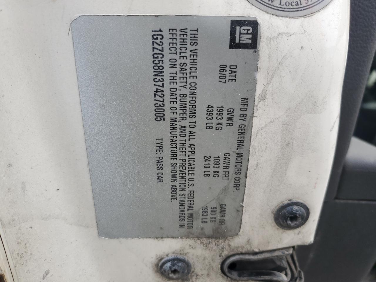 2007 Pontiac G6 Base VIN: 1G2ZG58N374273005 Lot: 82736275