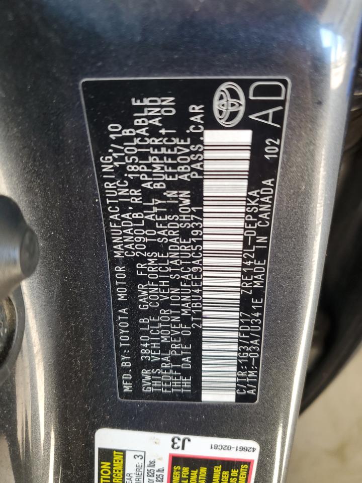 2010 Toyota Corolla Base VIN: 2T1BU4EE9AC519371 Lot: 84430975