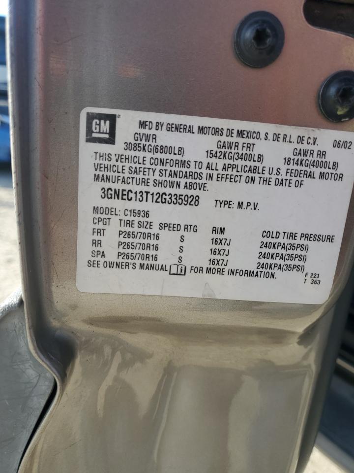 2002 Chevrolet Avalanche C1500 VIN: 3GNEC13T12G335928 Lot: 87374875