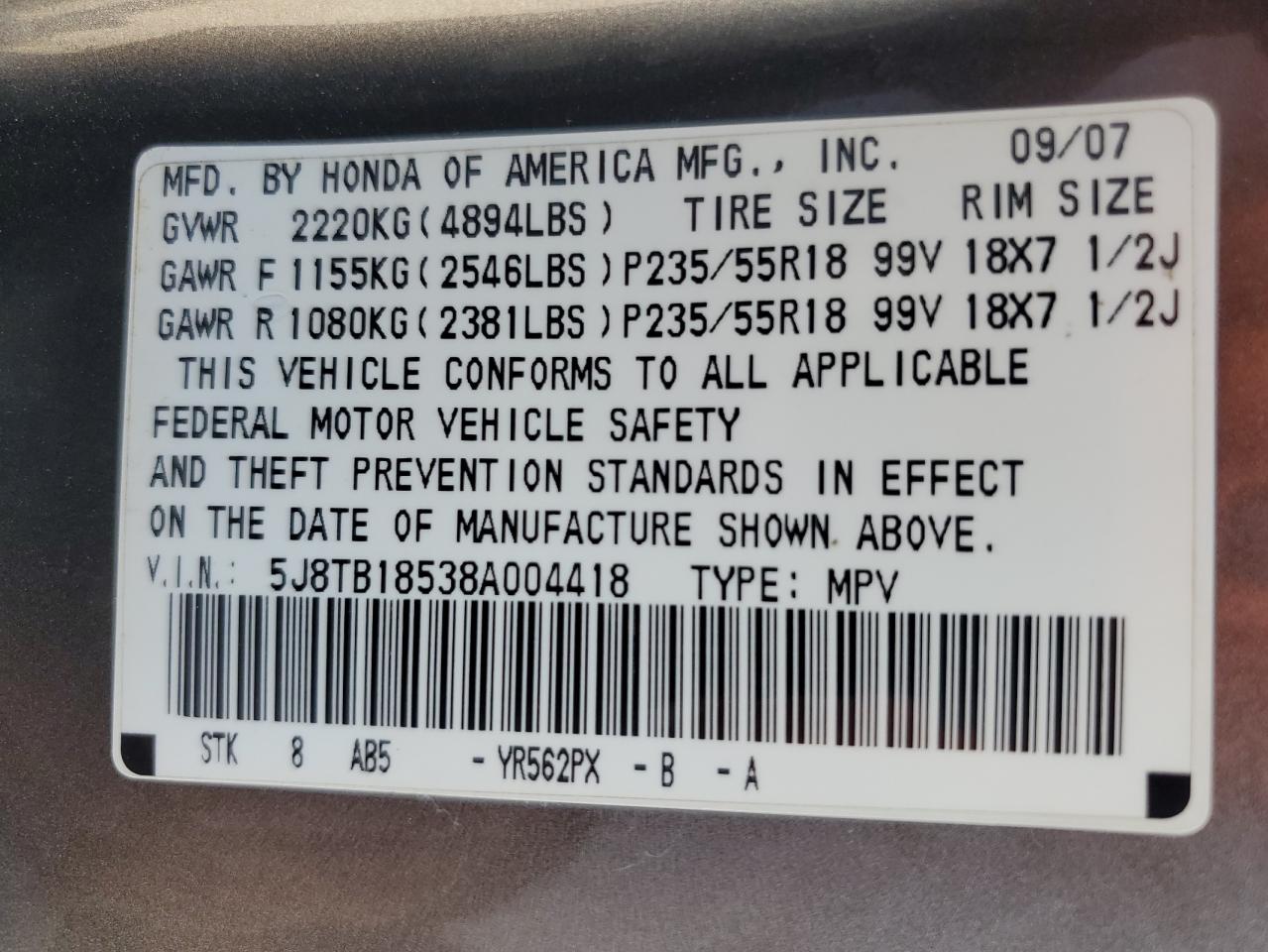 2008 Acura Rdx Technology VIN: 5J8TB18538A004418 Lot: 81974315