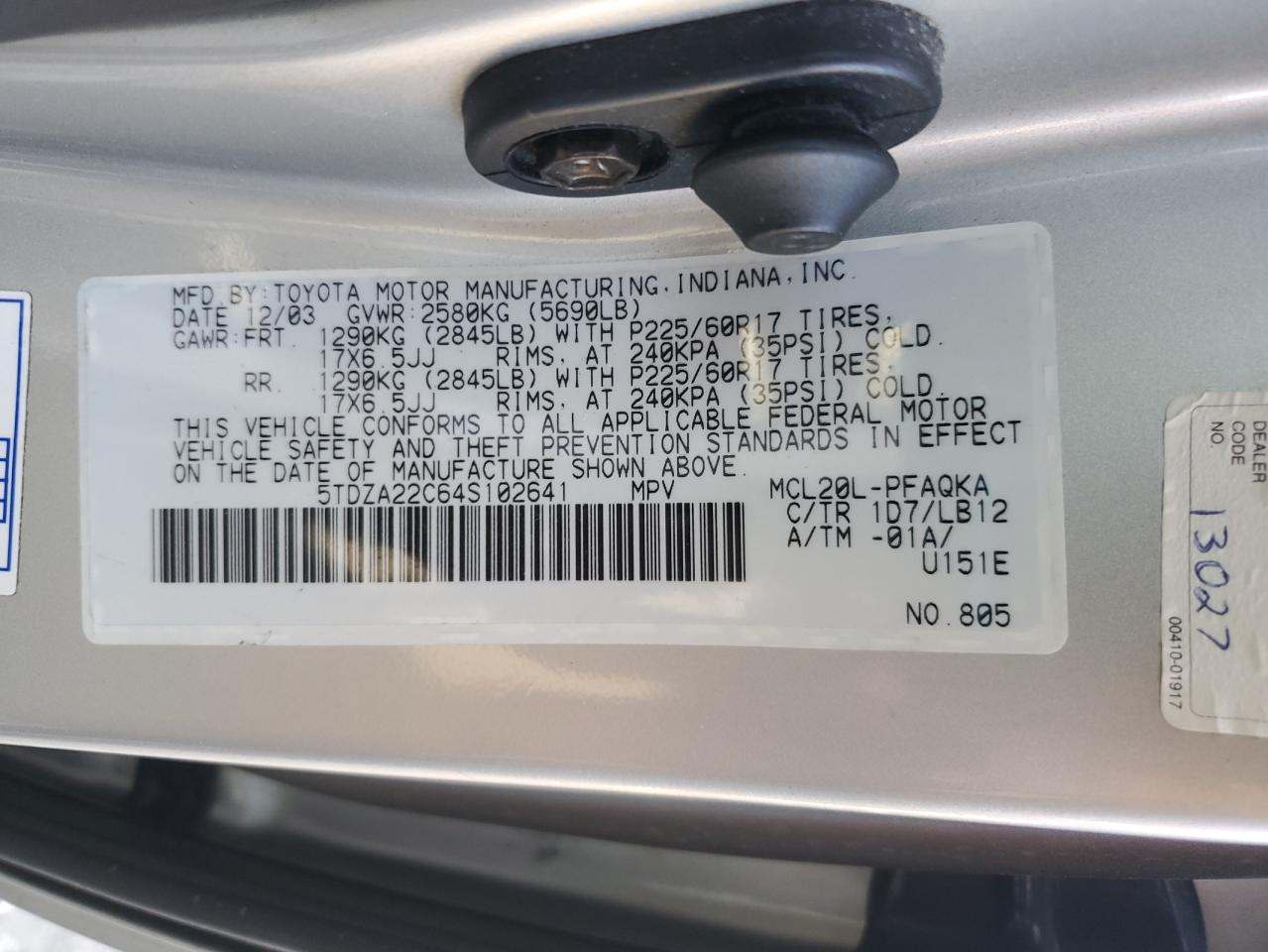 2004 Toyota Sienna Xle VIN: 5TDZA22C64S102641 Lot: 85000295