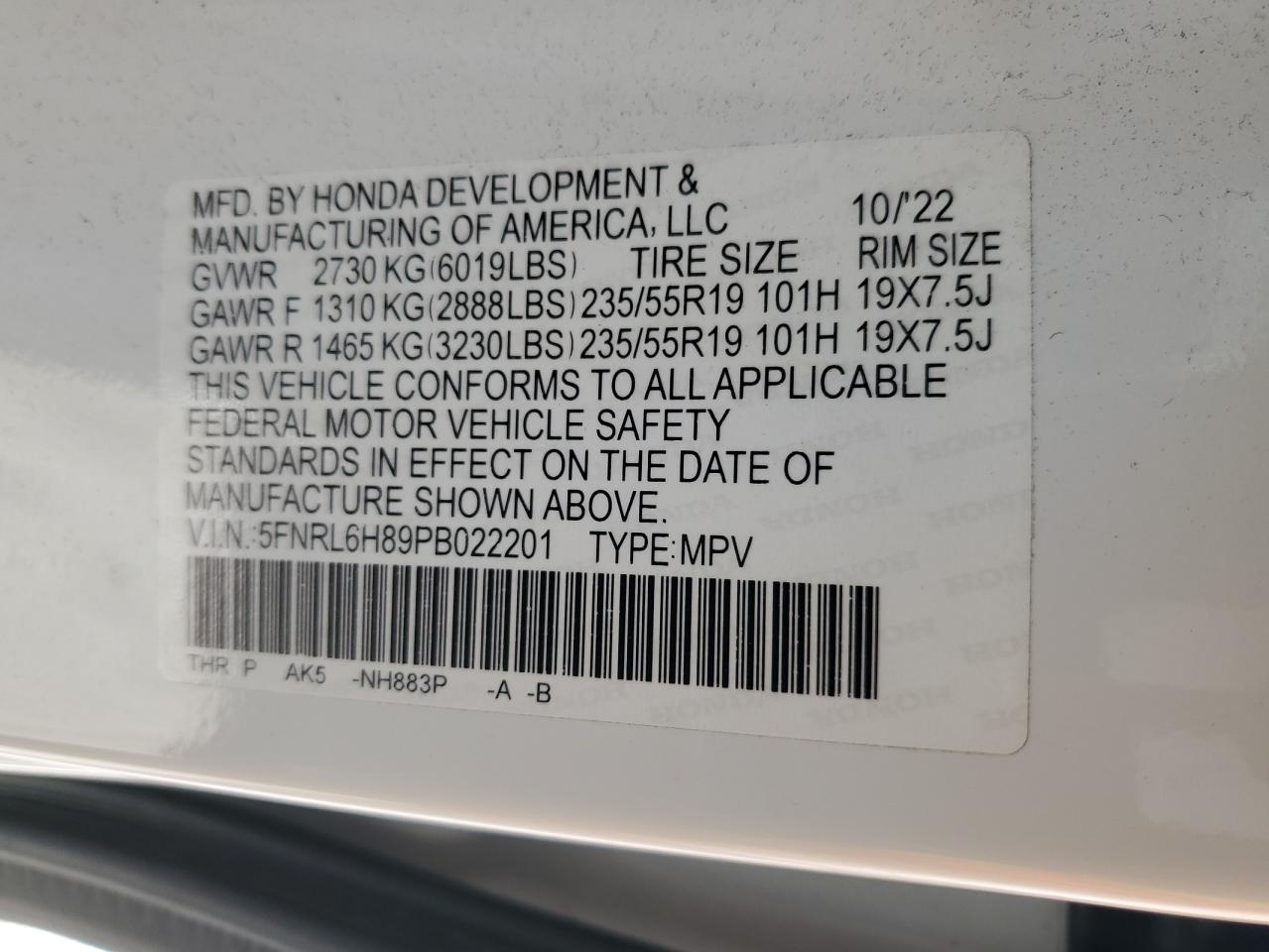 2023 Honda Odyssey Touring VIN: 5FNRL6H89PB022201 Lot: 81883705