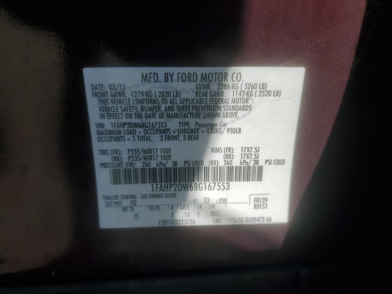 2011 Ford Taurus Se VIN: 1FAHP2DW6BG167553 Lot: 84966045