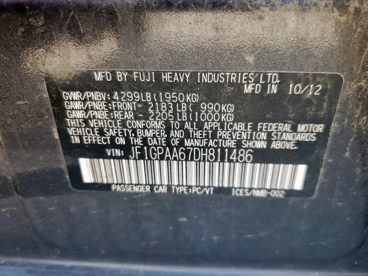 2013 Subaru Impreza VIN: JF1GPAA67DH811486 Lot: 82381315