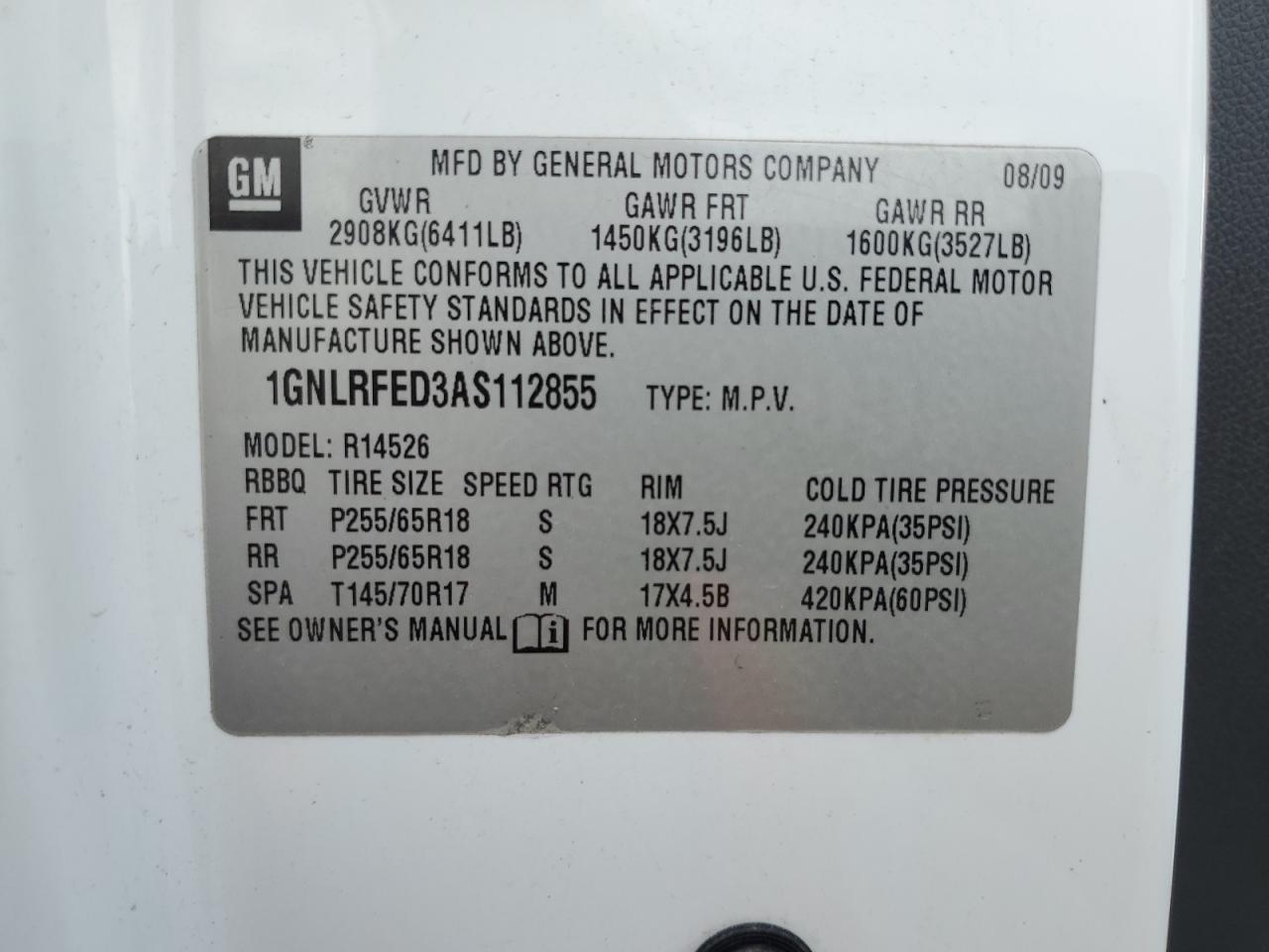 2010 Chevrolet Traverse Lt VIN: 1GNLRFED3AS112855 Lot: 85601105