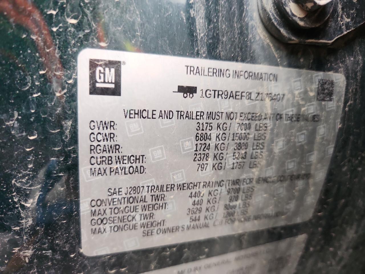 2020 GMC Sierra K1500 VIN: 1GTR9AEF8LZ176407 Lot: 89867885