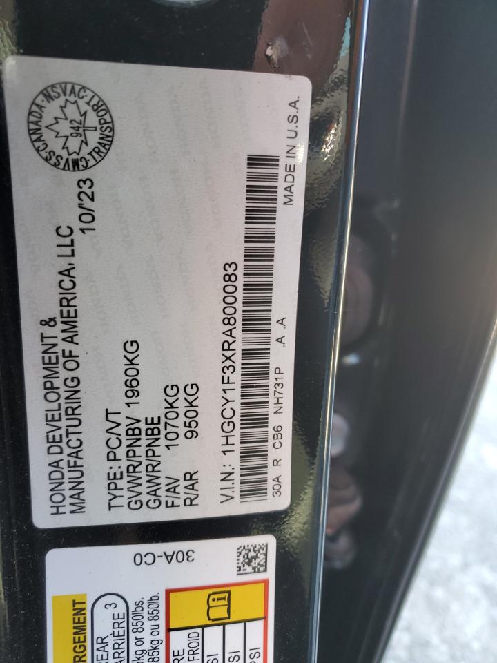 2024 Honda Accord Ex VIN: 1HGCY1F3XRA800083 Lot: 85709855