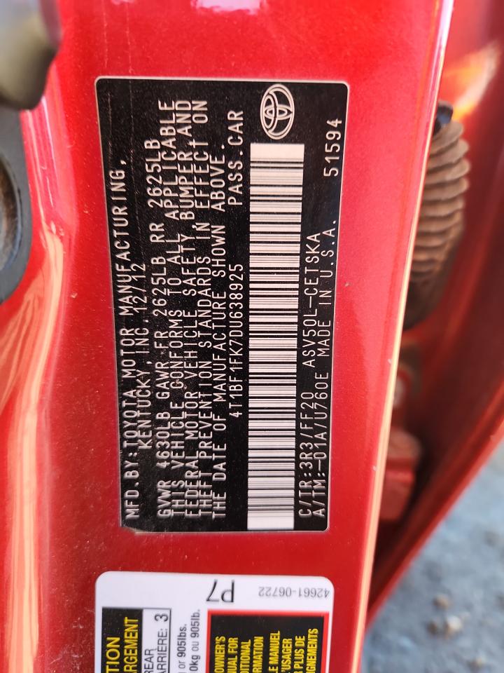 2013 Toyota Camry L VIN: 4T1BF1FK7DU638925 Lot: 85330075