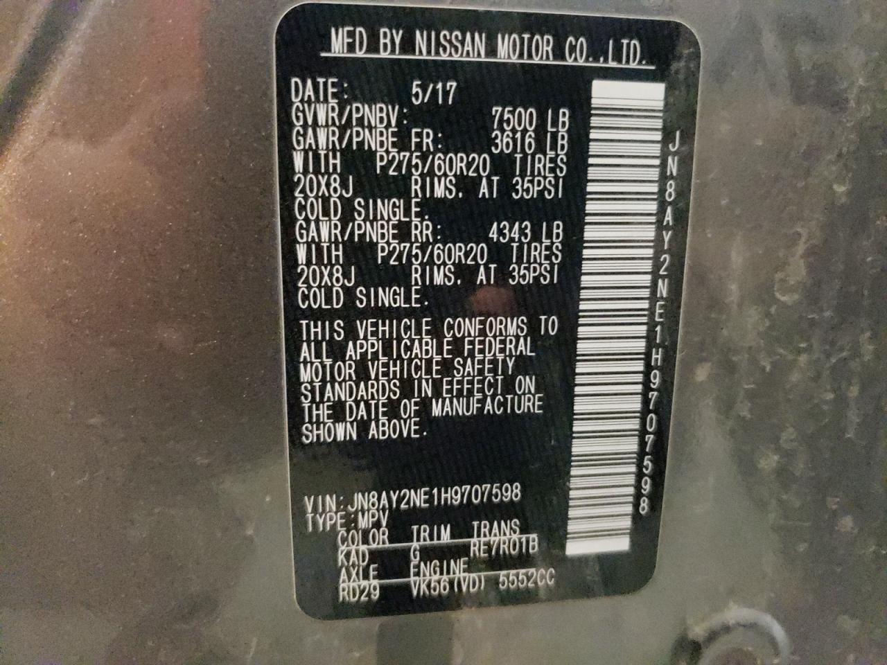 2017 Nissan Armada Platinum VIN: JN8AY2NE1H9707598 Lot: 82191665