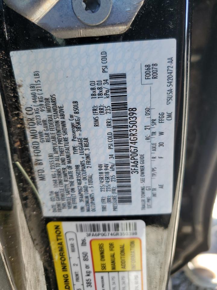 2016 Ford Fusion S VIN: 3FA6P0G74GR350398 Lot: 82518595