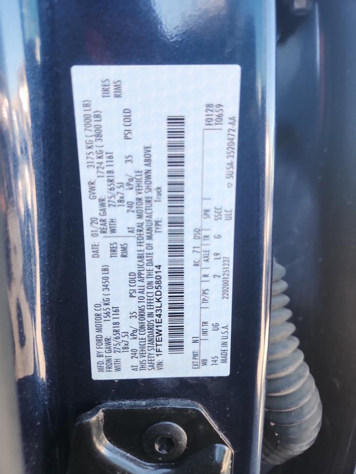 2020 Ford F150 Supercrew VIN: 1FTEW1E43LKD58014 Lot: 84250565