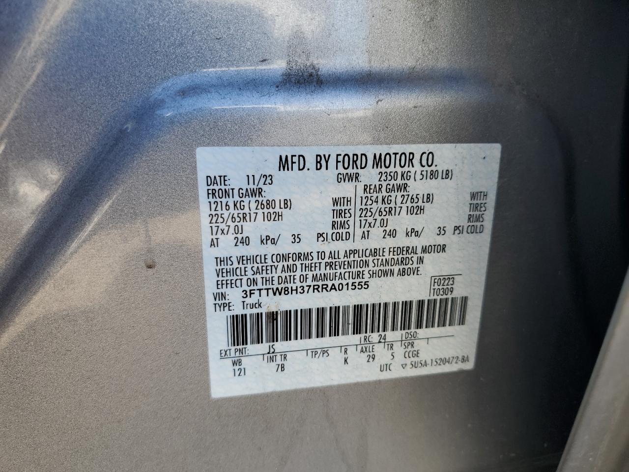 2024 Ford Maverick Xlt VIN: 3FTTW8H37RRA01555 Lot: 86195395