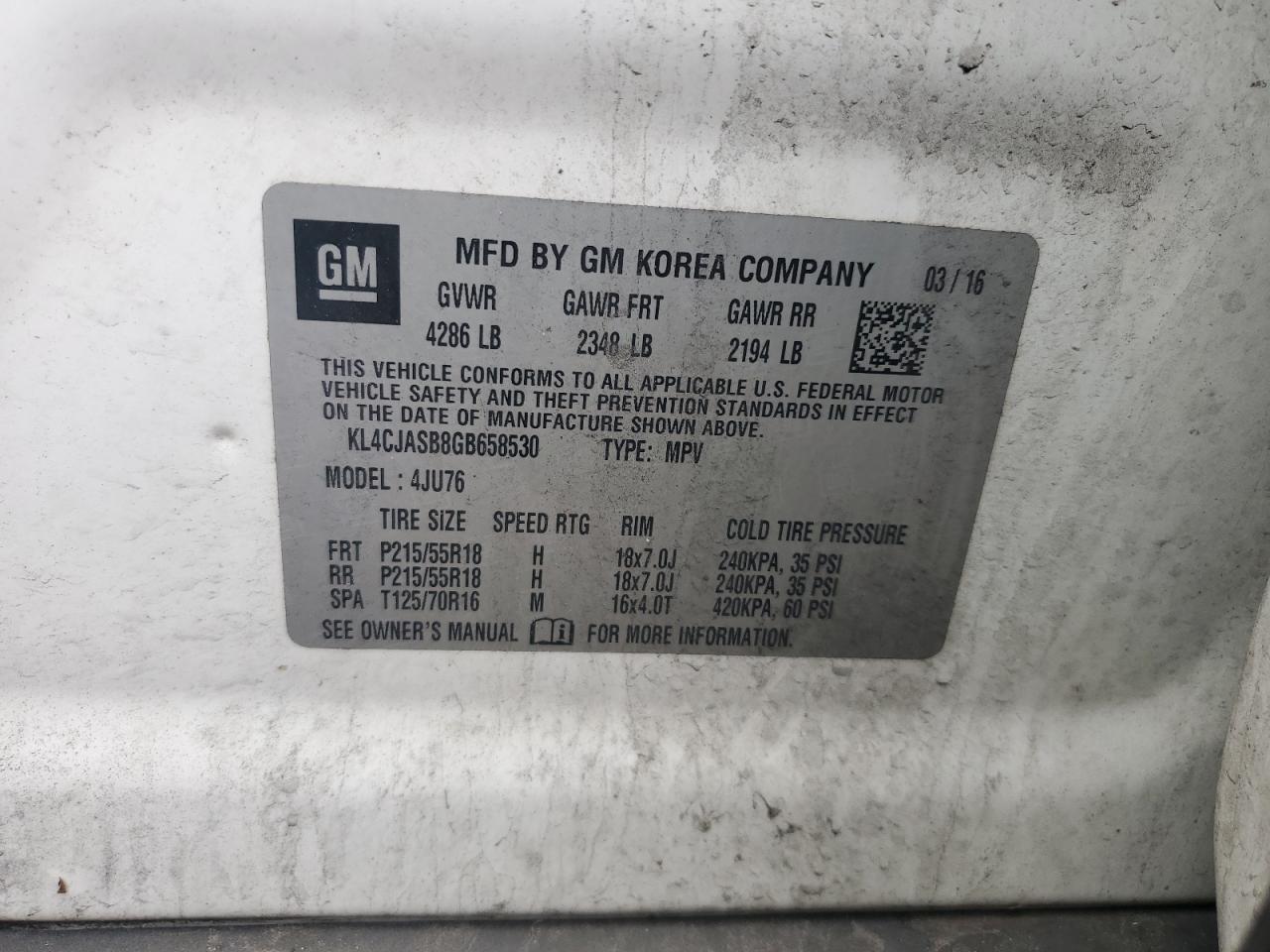 2016 Buick Encore VIN: KL4CJASB8GB658530 Lot: 84586285