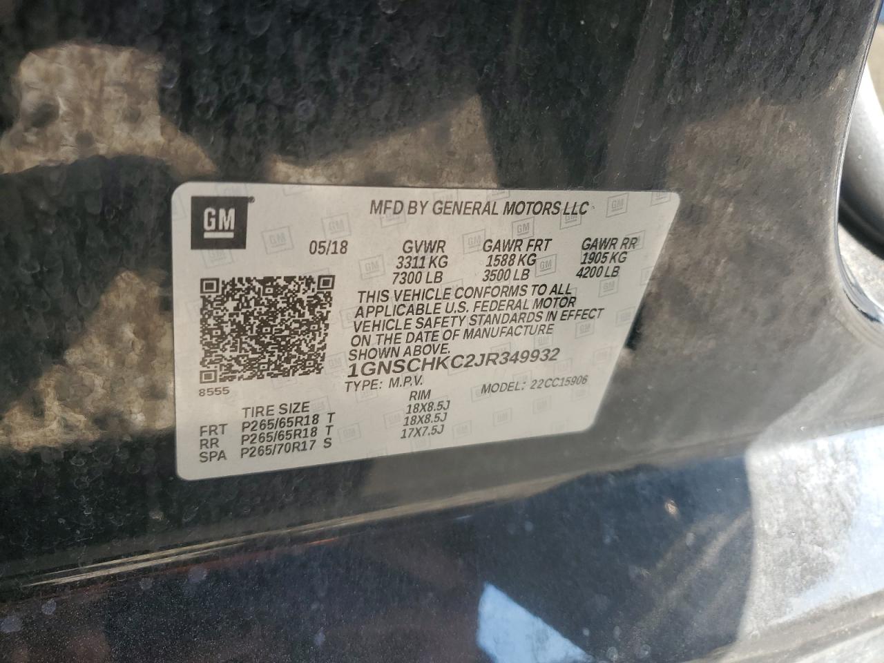 2018 Chevrolet Suburban C1500 Lt VIN: 1GNSCHKC2JR349932 Lot: 82451525