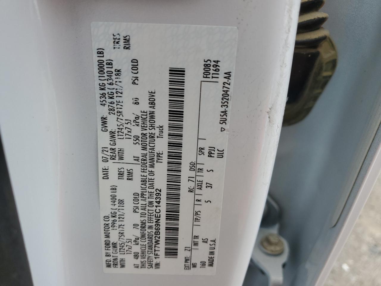 2022 Ford F250 Super Duty VIN: 1FT7W2B69NEC14392 Lot: 85938595