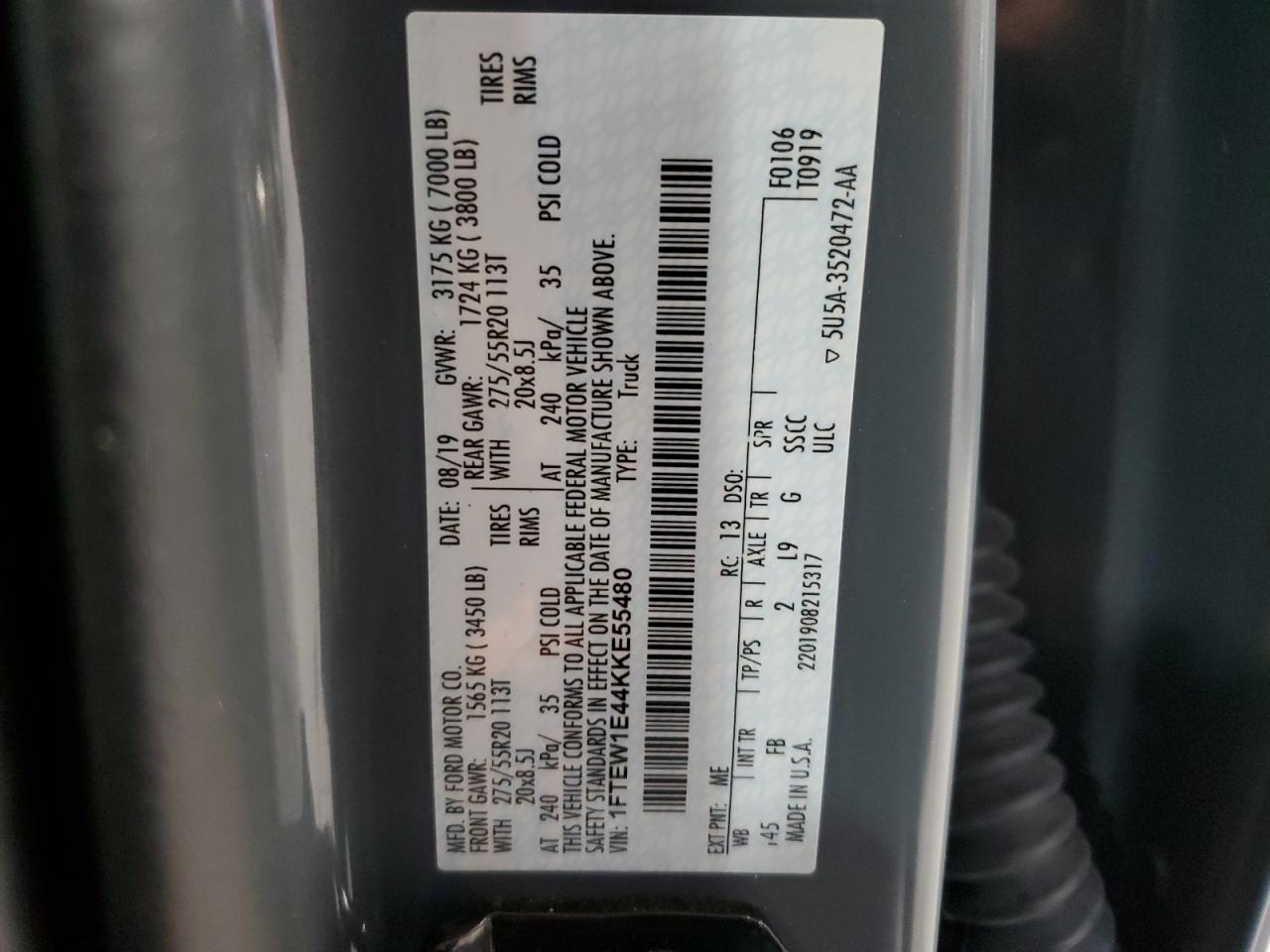 2019 Ford F150 Supercrew VIN: 1FTEW1E44KKE55480 Lot: 82394095