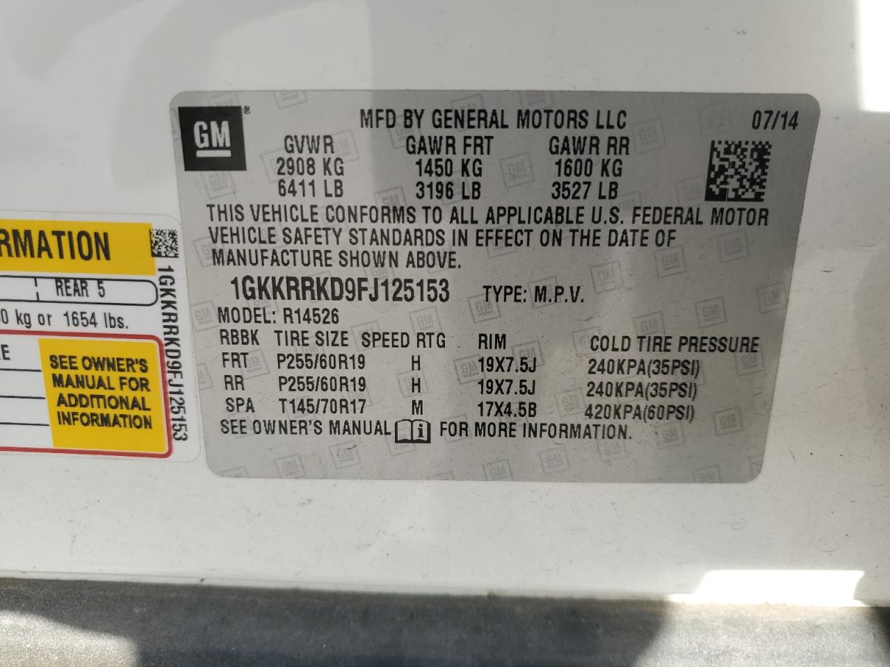 2015 GMC Acadia Slt-1 VIN: 1GKKRRKD9FJ125153 Lot: 81759915