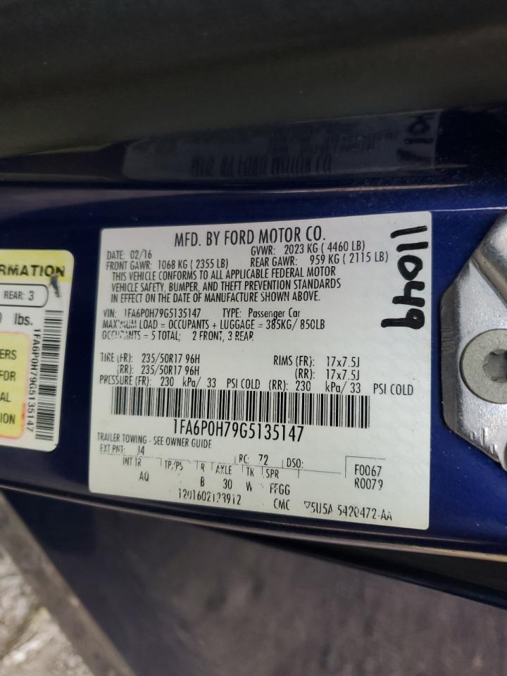 2016 Ford Fusion Se VIN: 1FA6P0H79G5135147 Lot: 82349735