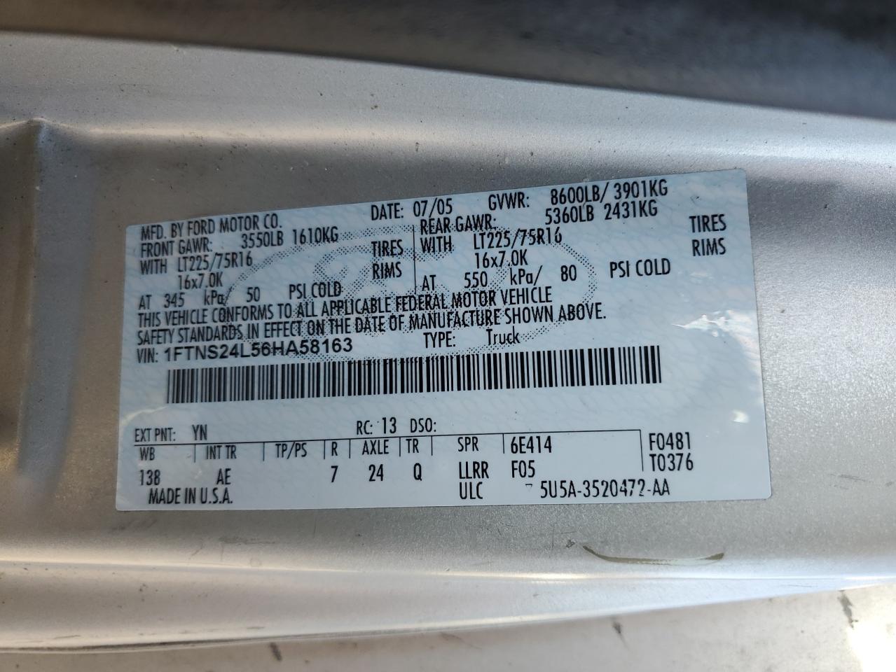 2006 Ford Econoline E250 Van VIN: 1FTNS24L56HA58163 Lot: 84650675