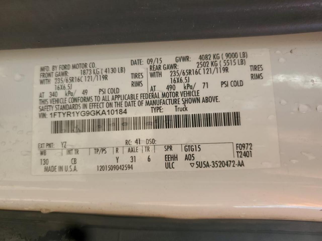 2016 Ford Transit Utility / Service Van VIN: 1FTYR1YG9GKA10184 Lot: 89556765