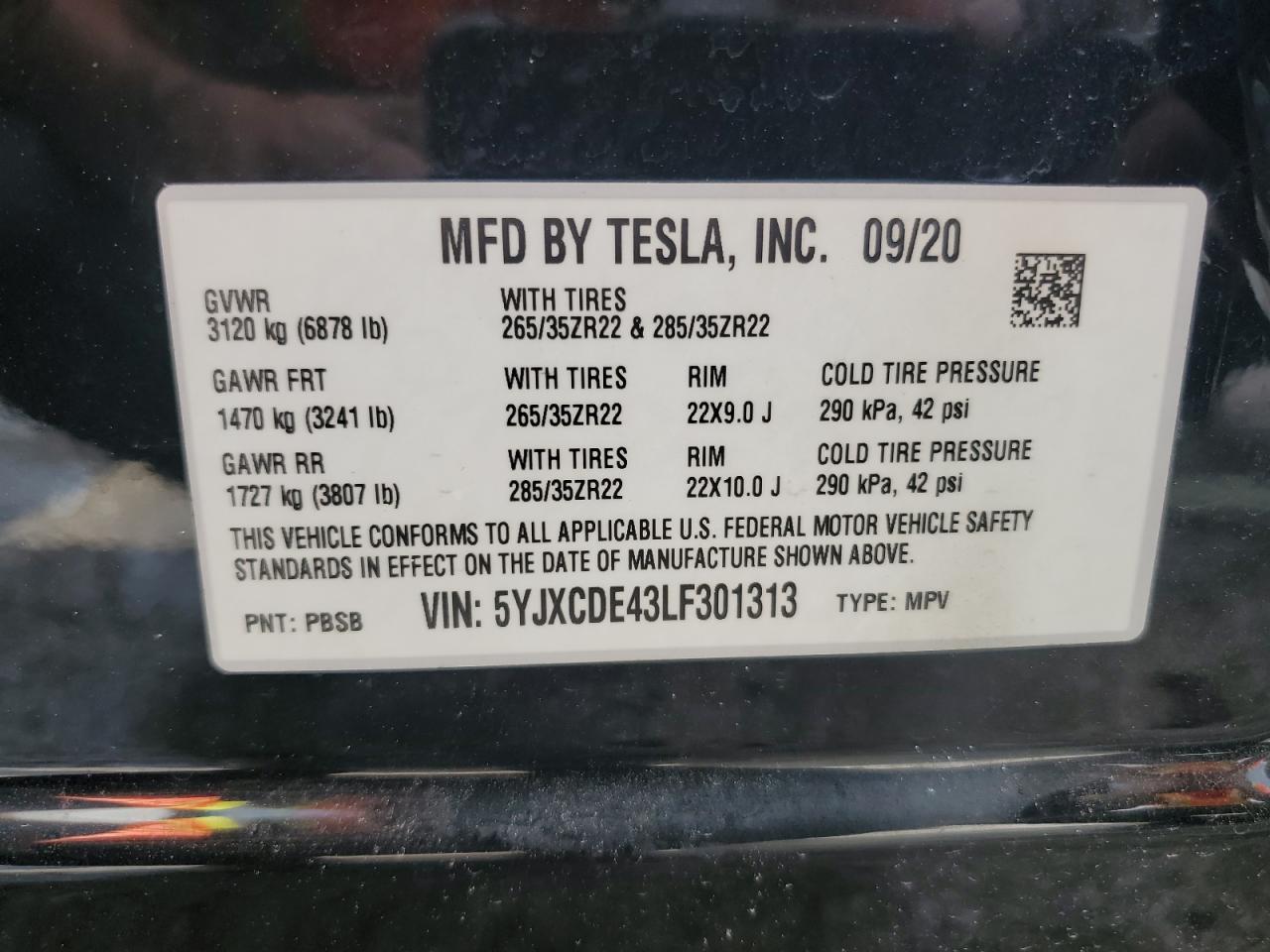 2020 Tesla Model X VIN: 5YJXCDE43LF301313 Lot: 84941445