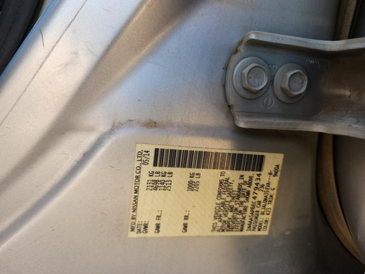 2014 Nissan Maxima S VIN: 1N4AA5AP6EC479434 Lot: 86431695