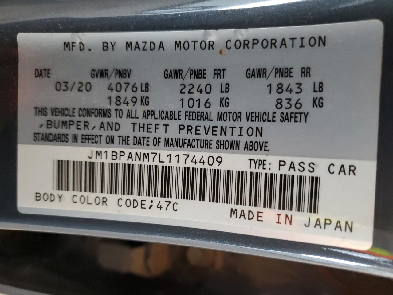 2020 Mazda 3 Premium VIN: JM1BPANM7L1174409 Lot: 81970395