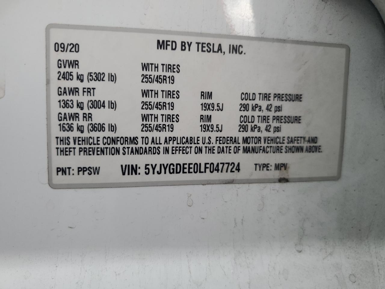 2020 Tesla Model Y VIN: 5YJYGDEE0LF047724 Lot: 85751705