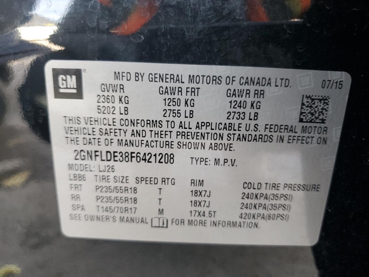 2015 Chevrolet Equinox Ltz VIN: 2GNFLDE38F6421208 Lot: 84736655