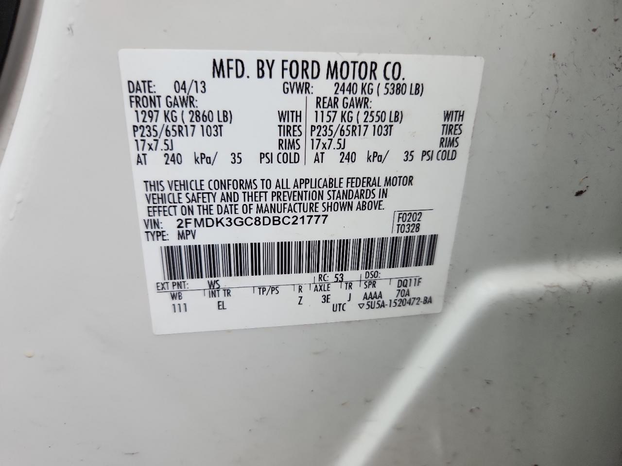 2013 Ford Edge Se VIN: 2FMDK3GC8DBC21777 Lot: 82773555