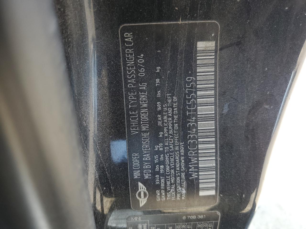 2004 Mini Cooper VIN: WMWRC33434TC55759 Lot: 82576225