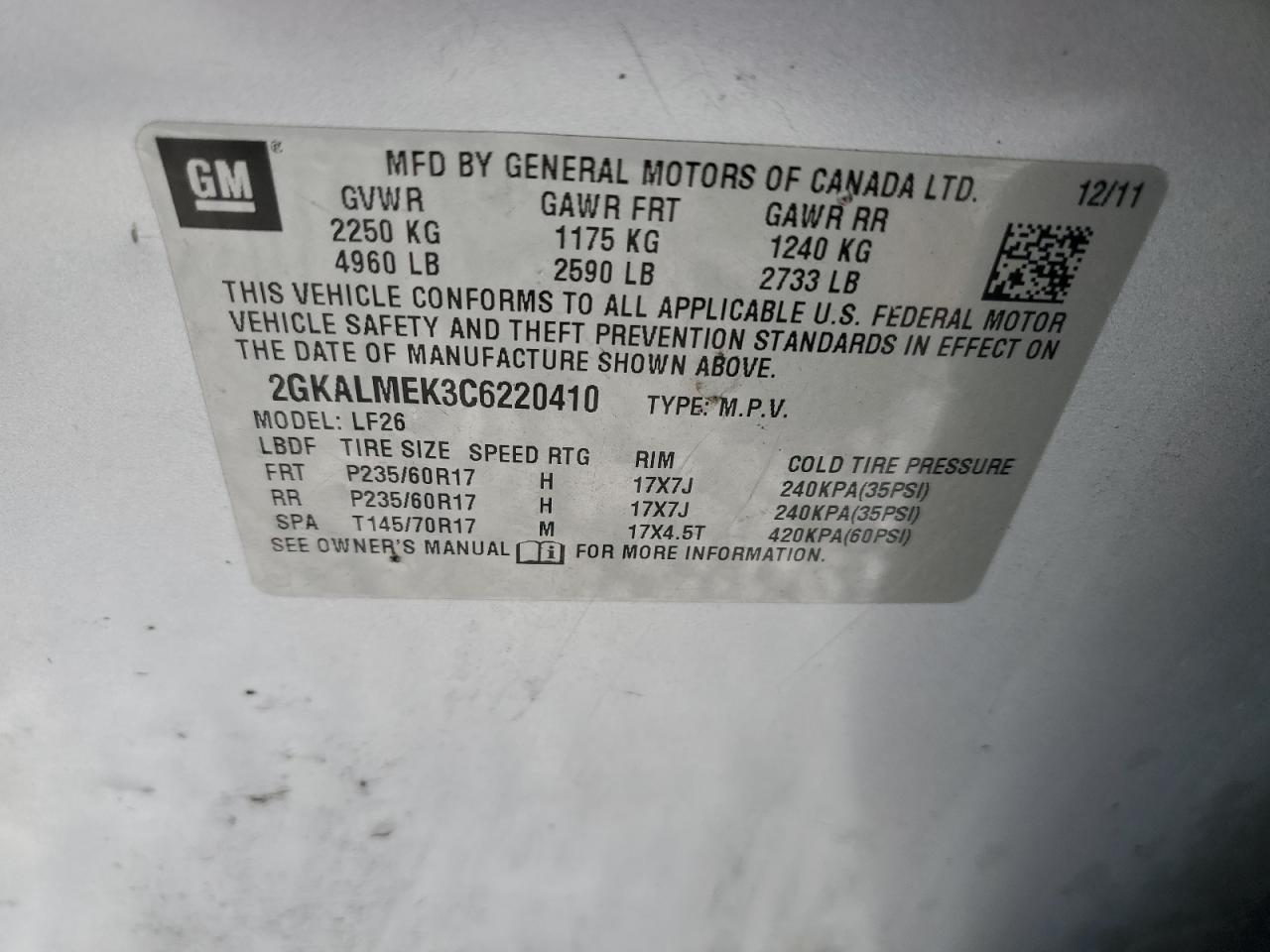 2012 GMC Terrain Sle VIN: 2GKALMEK3C6220410 Lot: 82249035