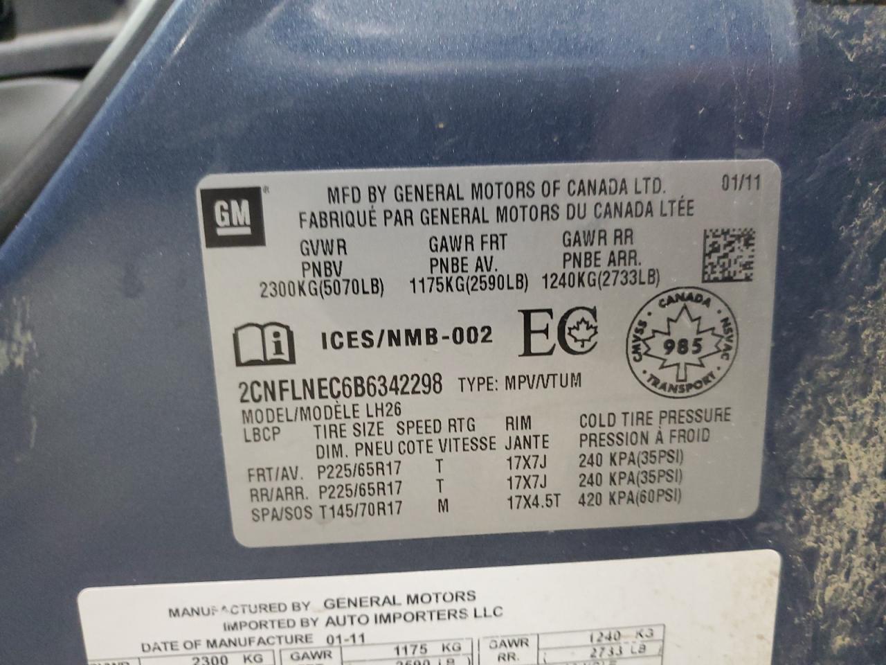 2011 Chevrolet Equinox Lt VIN: 2CNFLNEC6B6342298 Lot: 82306315