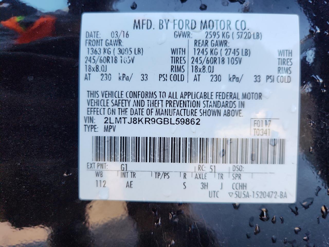 2016 Lincoln Mkx Select VIN: 2LMTJ8KR9GBL59862 Lot: 85207765