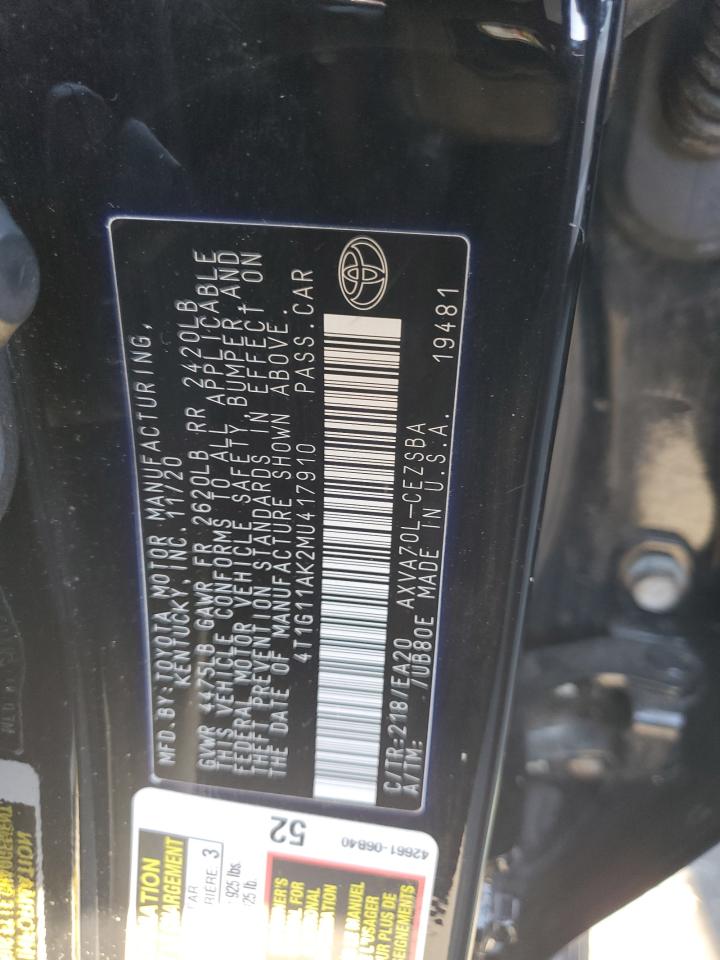 2021 Toyota Camry Se VIN: 4T1G11AK2MU417910 Lot: 84788305