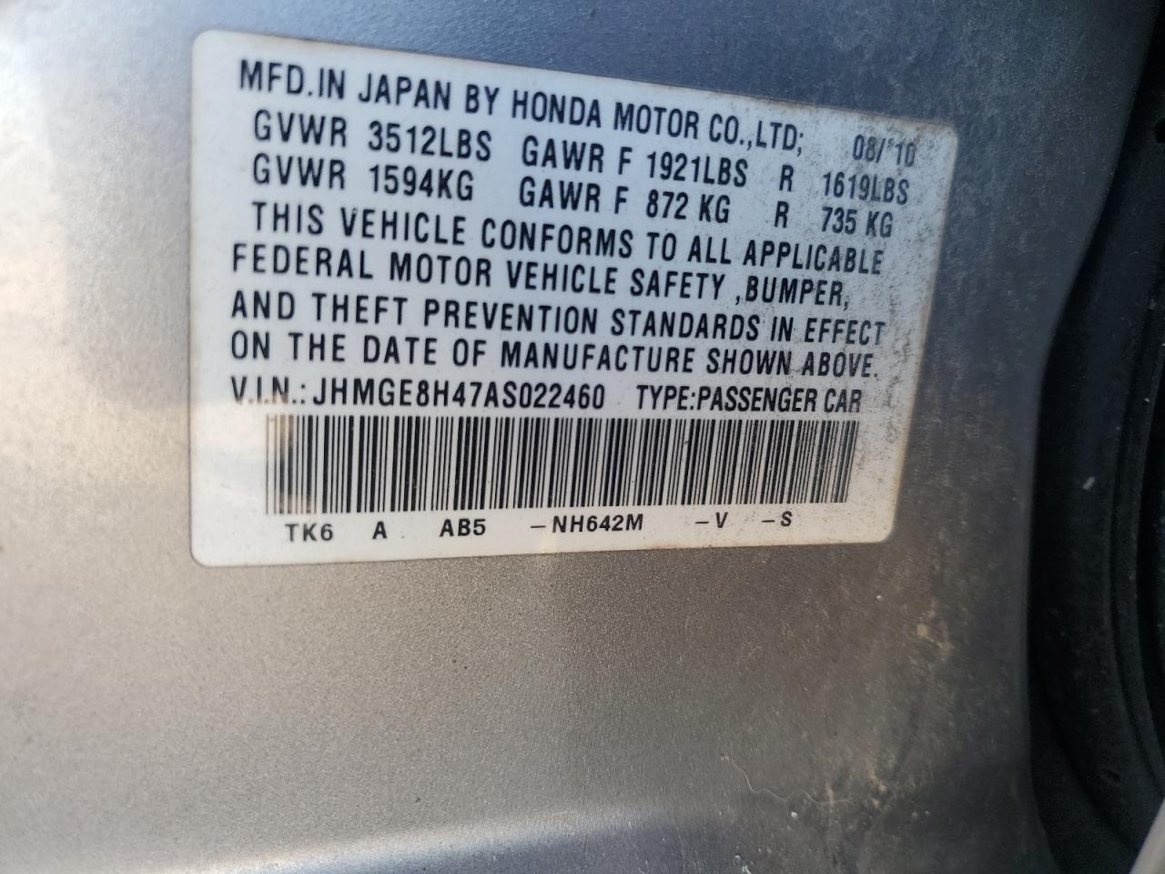 2010 Honda Fit Sport VIN: JHMGE8H47AS022460 Lot: 86642145