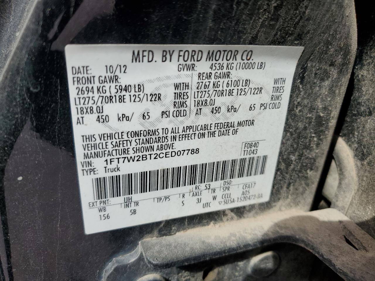 2012 Ford F250 Super Duty VIN: 1FT7W2BT2CED07788 Lot: 90330965